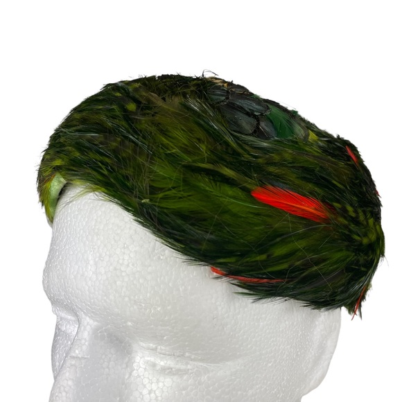 Handmade Vintage Pheasant Pillbox Style Casque Hat Cap Green Dyed High Fashion - Picture 8 of 11